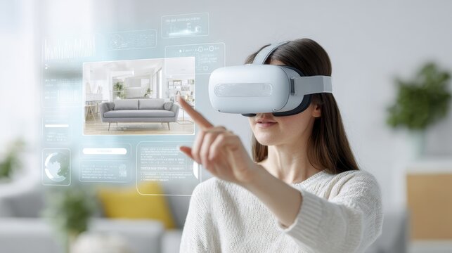 Woman using vr headset for virtual home design with interactive interface in modern living room