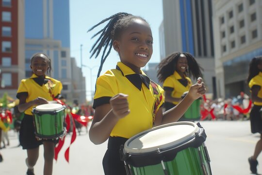 Joyful parade of young drummers energizes urban street with rhythm and colorful vibes