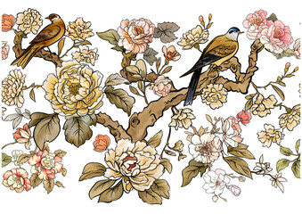 Obraz premium Elegant seamless chinoiserie pattern with birds, peonies, blossoms, and botanical branches in soft tones. Ideal for wallpaper, fabric, wrapping paper, and decorative backgrounds.