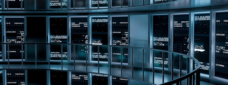 3D circular data center atrium with layered server racks
