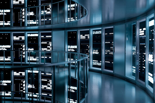 3D futuristic data center corridor with glowing server wall