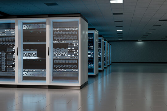 3D enterprise server room with aligned rack cabinets