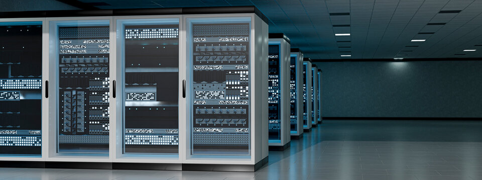 3D network operations room with receding server racks