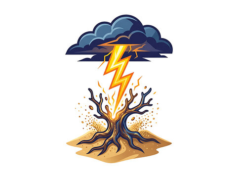 Lightning bolt striking a dry dead tree stump under a dark storm cloud with lightning strike weather hazard fire risk dark sky electrical discharge dry wood