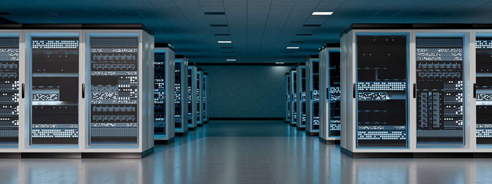3D symmetrical data center aisle with mirrored server rows
