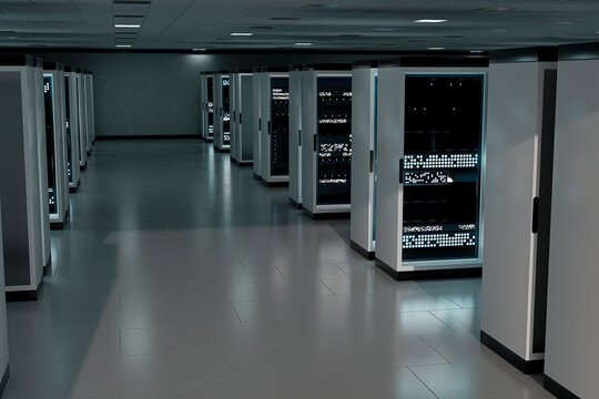 3D modern data center floor with staggered server cabinets