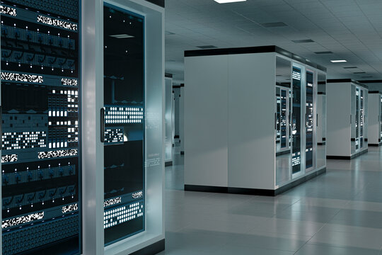 3D server rack closeup inside spacious data center