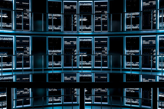 3D panoramic server atrium with stacked data center levels