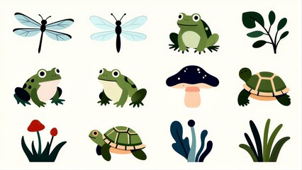 Obraz premium Cute cartoon animals and plants in a nature-themed collection.