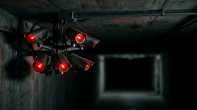 Multiple surveillance video cameras with red glowing lights in dark underground corridor
