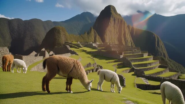 Llamas graze on the terraces of Machu Picchu, a UNESCO World Heritage site.