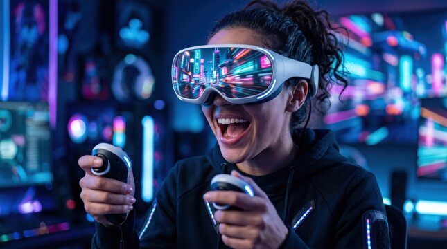 Man gamer wearing a virtual reality headset and holding controllers during online play. Neon graphics create an immersive digital setting.