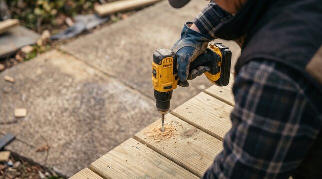 Carpenter uses a cordless drill to fasten a wooden deck. Skilled craftsmanship and building concept.