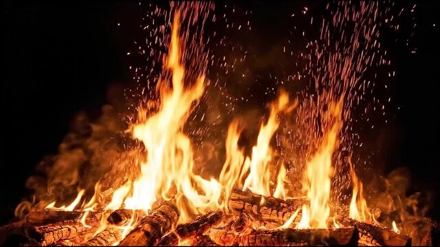 Burning Wood Logs with Sparks and Embers Looping Animation. Fire Flames Rising, Dynamic Motion Graphics, Intense Heat Effect.