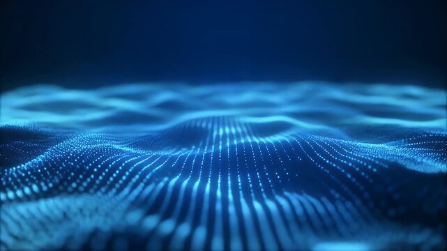 Abstract flowing blue digital particles form a dynamic wave pattern.