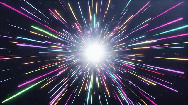 Vibrant explosion of colorful light streaks radiating from a bright center against a starry background.