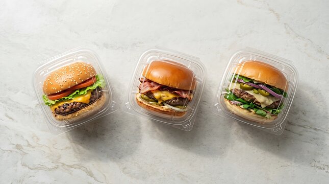 Three delicious fresh beef cheeseburgers lined up in a row viewed from above on a flat surface. clamshell packaging burgers