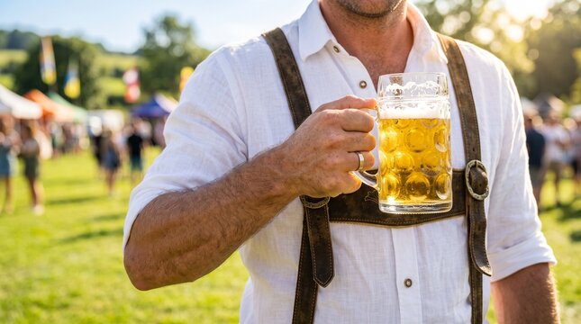 Man in lederhosen holding a glass mug of cold lager beer outdoors, sunny festival moment, oktoberfest event.