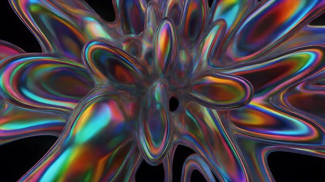 Abstract holographic fluid forms with iridescent reflections.