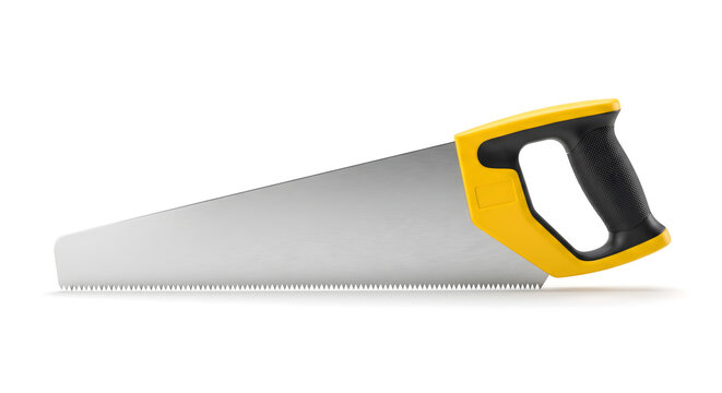 Woodworking Hand Saw with Yellow Ergonomic Handle Isolated on White Background for Carpentry and Timber Cutting Work