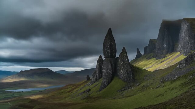 Dramatic rock formations rise from a grassy hillside under a cloudy sky.