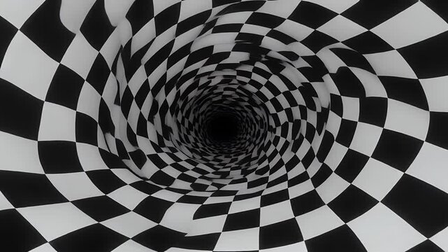 A visually striking triptych featuring a black and white checkered vortex.