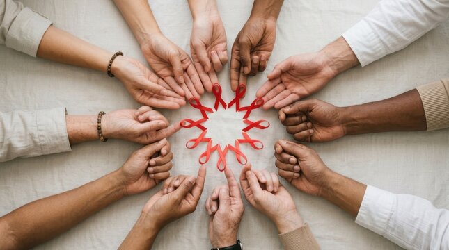 Hands of diverse group forming a circle with red awareness ribbons symbolizing global unity and World AIDS Day support World AIDS Day