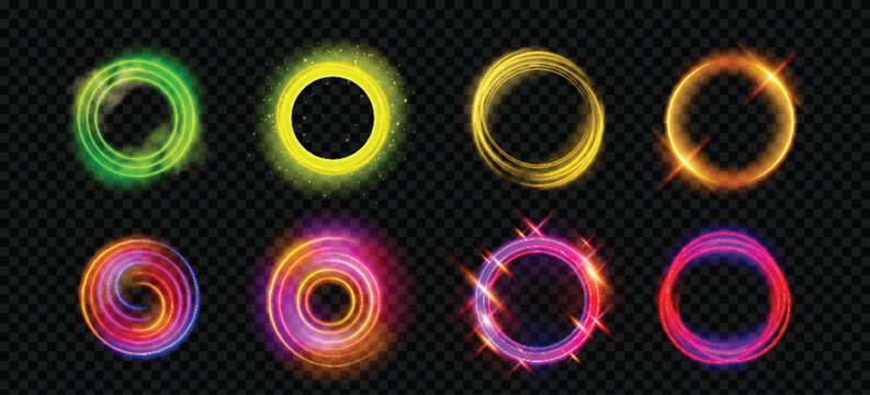 Colorful Neon Glowing Rings and Magic Circles Vector Set