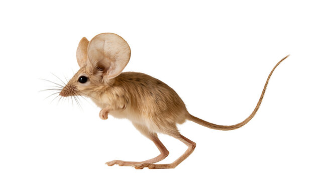 Small desert jerboa with large ears and long tail standing on hind legs