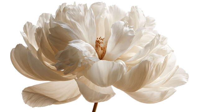 Large blooming white peony flower with delicate ruffled petals and yellow center