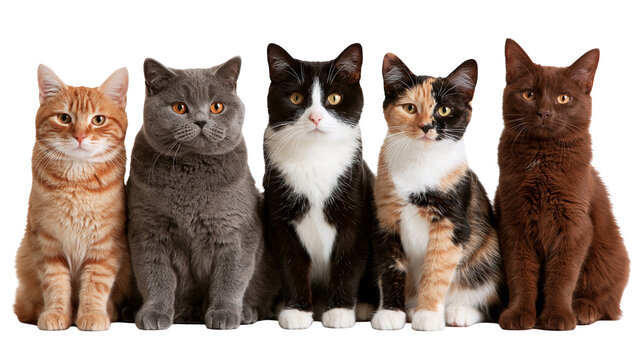 Five diverse cats sitting in a row including ginger grey tuxedo, calico and brown