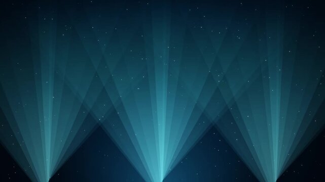 three blue volumetric light beams emanating from bottom edge on dark background with subtle sparkling particles