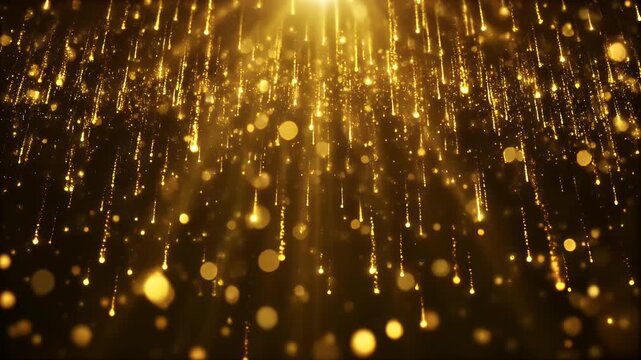 Golden particles falling like rain against a dark background.