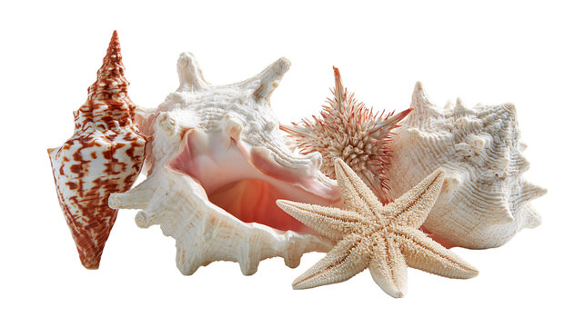 Collection of various sea shells and a starfish with textured surfaces