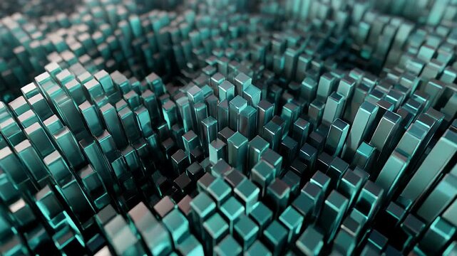 Abstract 3D geometric pattern of metallic teal cubes arranged in varying heights, creating a dynamic visual texture.