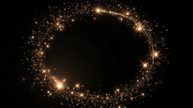 A magical trail of golden sparkling lights creates a whimsical swirl on a black background.