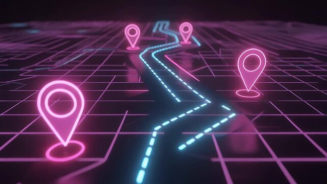 A neon-lit digital map displays a winding route marked by glowing location pins.
