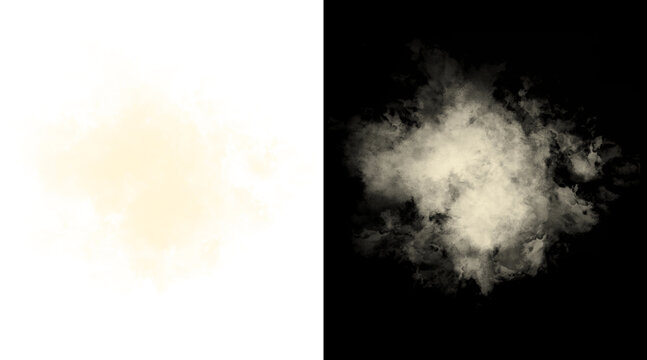 Atmospheric smoke explosion on black and white background, realistic dust cloud effect, golden sand burst illustration for compositing
