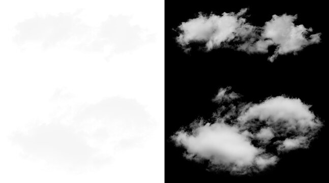 Realistic white clouds with alpha channel mask, fluffy cumulus cloud elements on black background, isolated sky textures for digital compositing