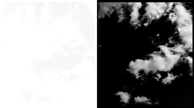 Dramatic white clouds on black background, realistic cloud alpha channel texture, ethereal sky elements for digital compositing and matte painting