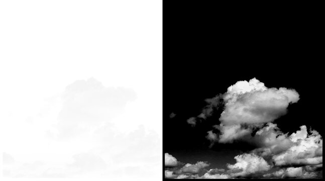 Monochrome cloud alpha channel and mask, high contrast white fluffy clouds on black background, isolated sky element for digital compositing
