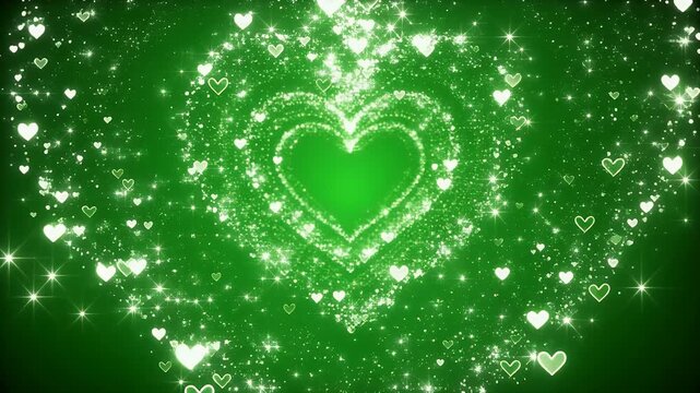 An abstract green background with luminous hearts and stars forming a vortex.