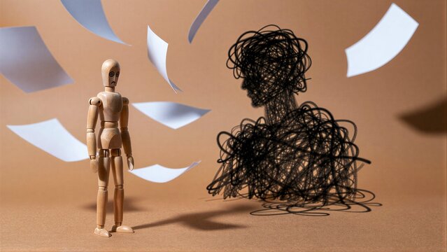 Wooden figure stands before tangled shadow, papers swirl around them.