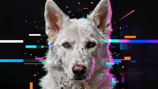 White dog with vibrant digital glitches against a stark black background.