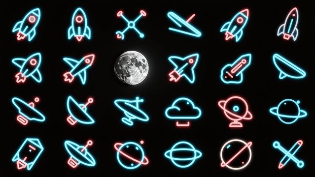 Neon space icons glow around a moon against dark background.