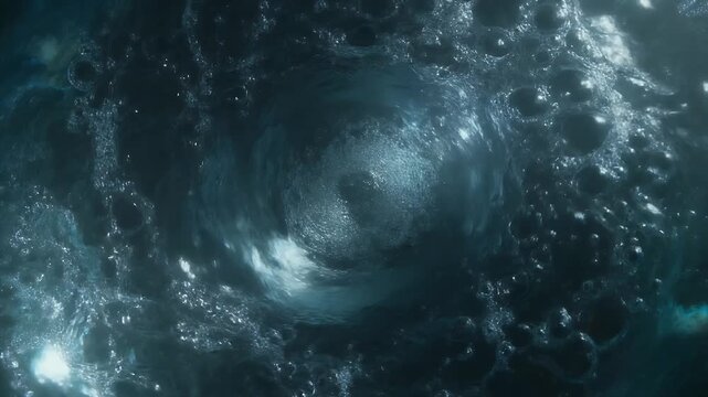 A swirling vortex of dark, turbulent water with frothy bubbles.