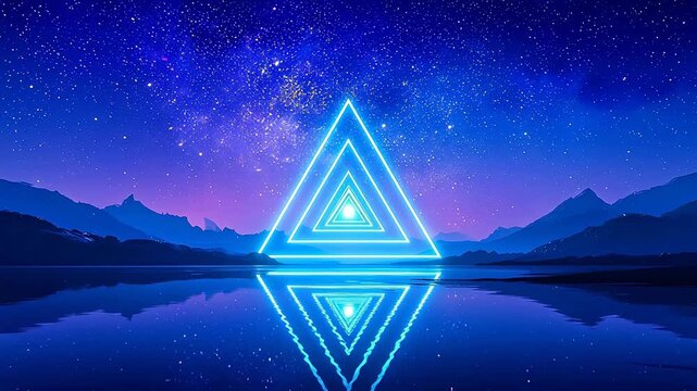 Glowing triangular shapes over calm water reflecting mountains and starry night sky