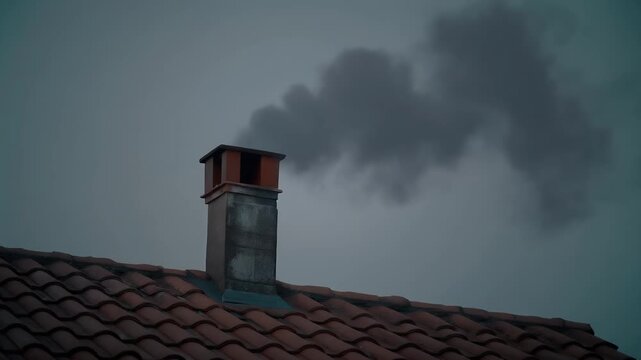 Chimney emitting dark smoke against a hazy sky.