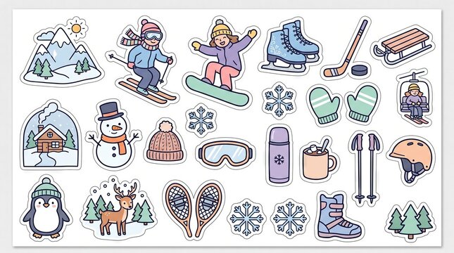 Winter sports and cold season elements sticker sheet, flat vector doodle style