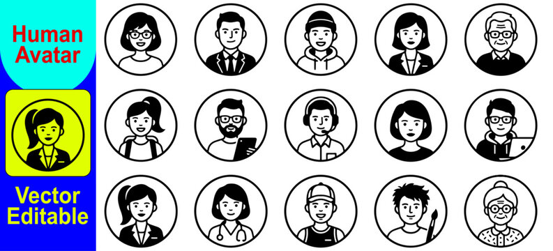 Set of fifteen diverse human avatar icons featuring various male and female characters in a clean hand drawn sketch style for web design